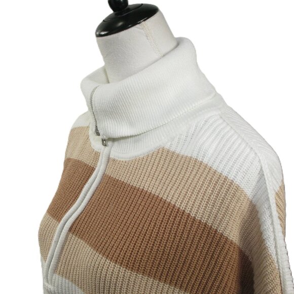 Aerie NWOT Tan Stripe Partial Zip 100% Cotton Turtleneck Sweater Size Medium - Picture 2 of 7